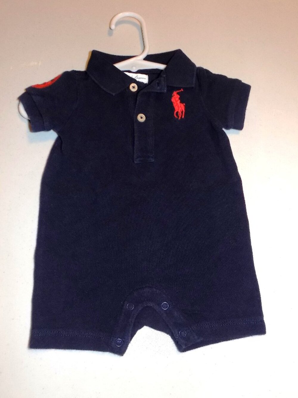 RALPH LAUREN POLO Navy Blue Knit Romper 3M One Piece Large Pony #3 Rugby